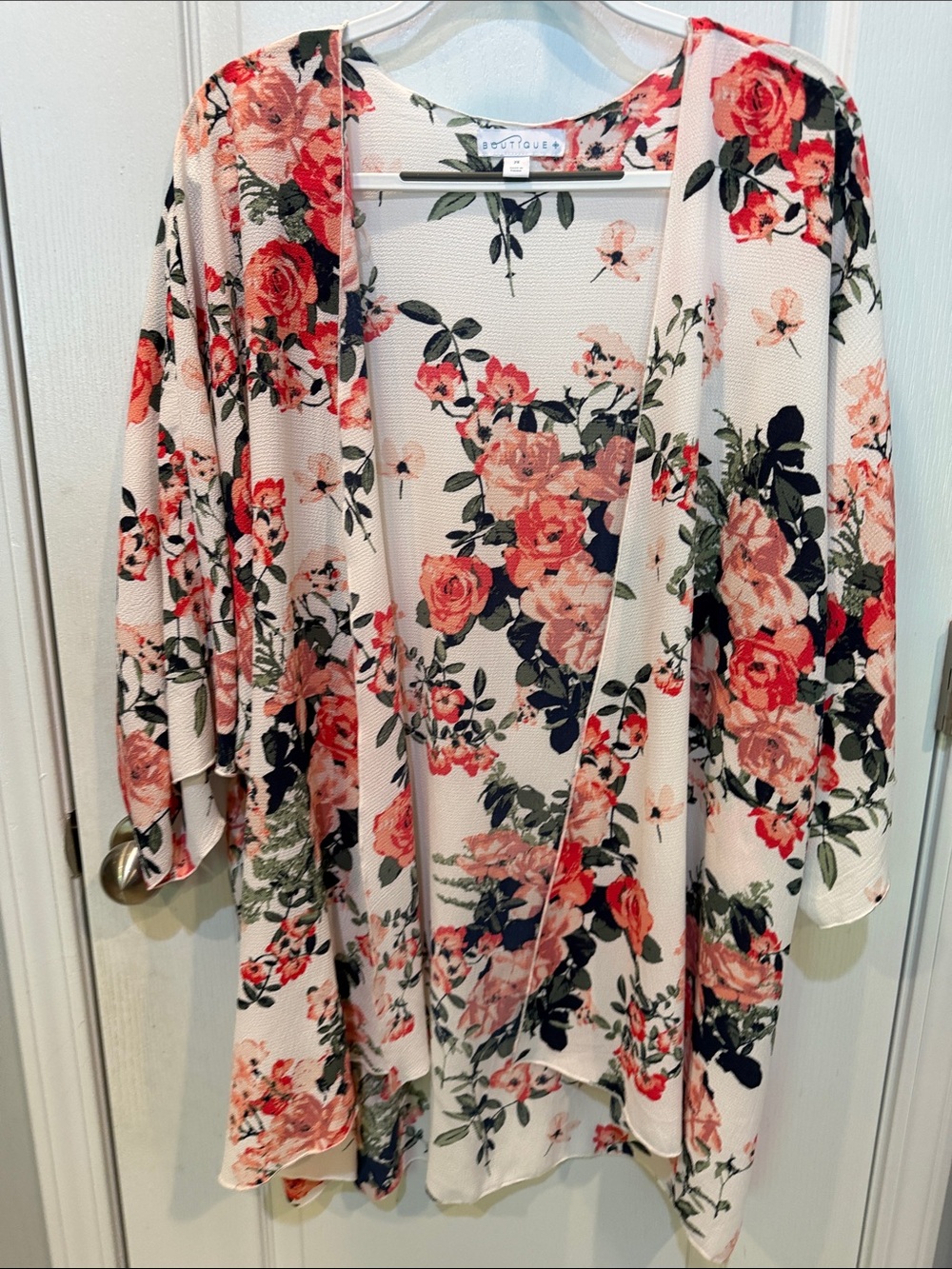 Boutique Floral Kimono Top - Cream with Pink Rose Print